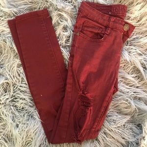 Ripped maroon / burgundy jeans (machine brand)